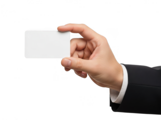 Business hand holding card isolated on transparent background