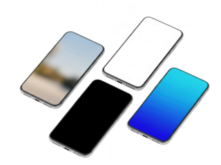 Four smartphones in various colors isolated on transparent background