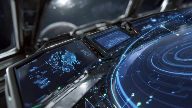 Medium shot of advanced AI systems calculating automated travel routes displayed on holographic interfaces within a spacecraft navigating complex celestial paths.