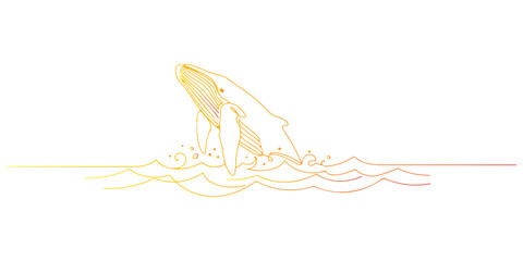 Continuous one line of a whale diving into the ocean waves, animal world and wildlife, drawn vector illustration. © Haus
