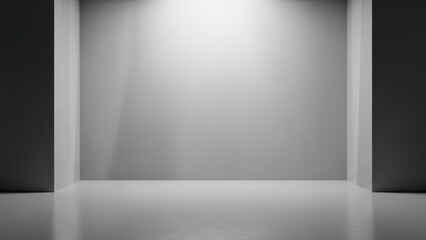 a gray room with a white floor and a spotlight shining down on the wall from above center