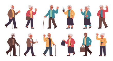 Senior men and women in various poses such as walking with canes, holding coffee mugs, and waving hello in a diverse flat character set.