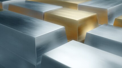 Mixed precious metals: gold and silver bars stacked together, reflective surfaces, luxury finance concept