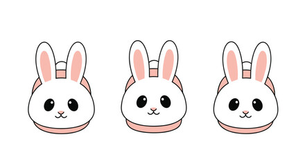 Fototapeta premium Three adorable white rabbit cartoon faces with pink ears and friendly expressions arranged in a simple horizontal row for kids.