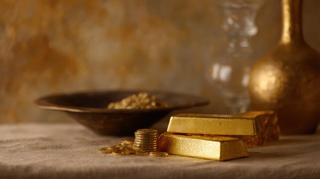 Luxury finance concept: gold market scene with gleaming bullion, coins, and rich textures, symbolizing wealth accumulation