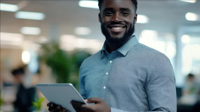 Young man with beard and short hair, smiling at the camera while holding a tablet. Office setting with blurred background.