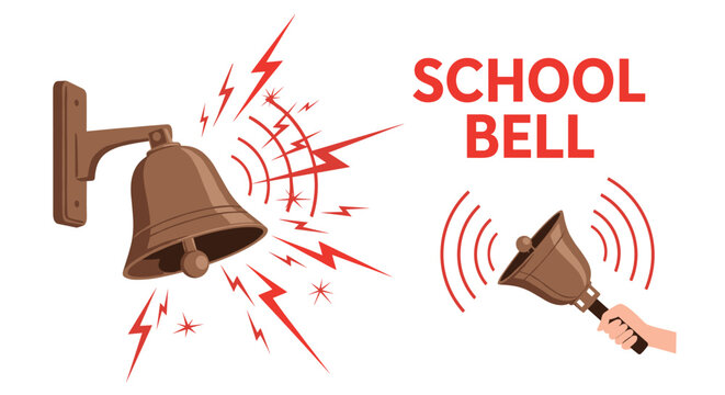 Graphic illustrations of a classic wall mounted school bell ringing loudly and a hand bell being used for various notifications.