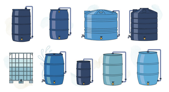 Industrial liquid storage solution showing different types of blue water tanks, barrels, and an IBC container module.