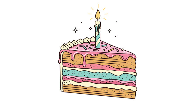 Delicious slice of multi-layered birthday cake decorated with pink frosting, colorful sprinkles, and a single candle.