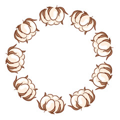 Circular wreath with cotton boll in flat style. Frame with empty center for natural branding, packaging, textile design and wedding invitation.