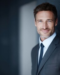 businessman smiling confidently at camera in office, corporate portrait concept, realistic stock photography