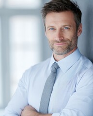 businessman smiling confidently at camera in office, corporate portrait concept, realistic stock photography