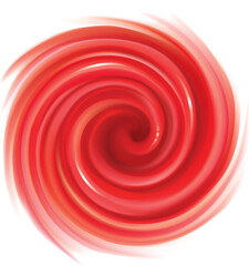 Glossy radial curvy fond with space for text on milky stripes. Whirl red gel eddy syrup surface. Appetizing mix jam juicy rose color: redcurrant, dragon or pitaya, cowberry, watermelon, grapefruit