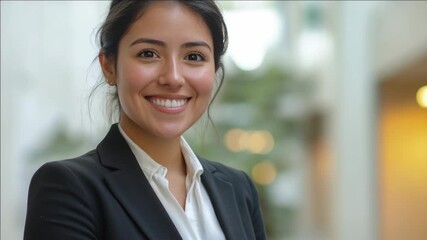Positive Latinx office worker in corporate attire smiling at camera, confident demeanor.