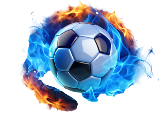 Soccer ball surrounded by blue and orange flames on white background isolated on a transparent background