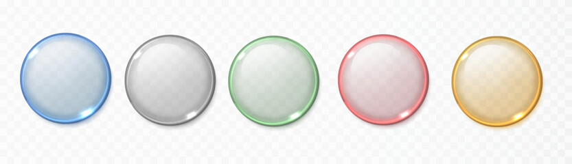 Color 3D glass circle badge with vivid reflections. Transparent glossy lens disc for abstract design, UI elements or futuristic visuals. © Ann_Sereda