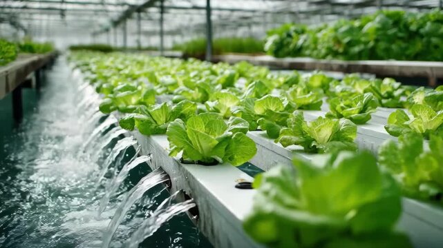 Medium shot of an ebb and flow hydroponic setup with water flooding and draining trays to nourish leafy greens in a greenhouse environment