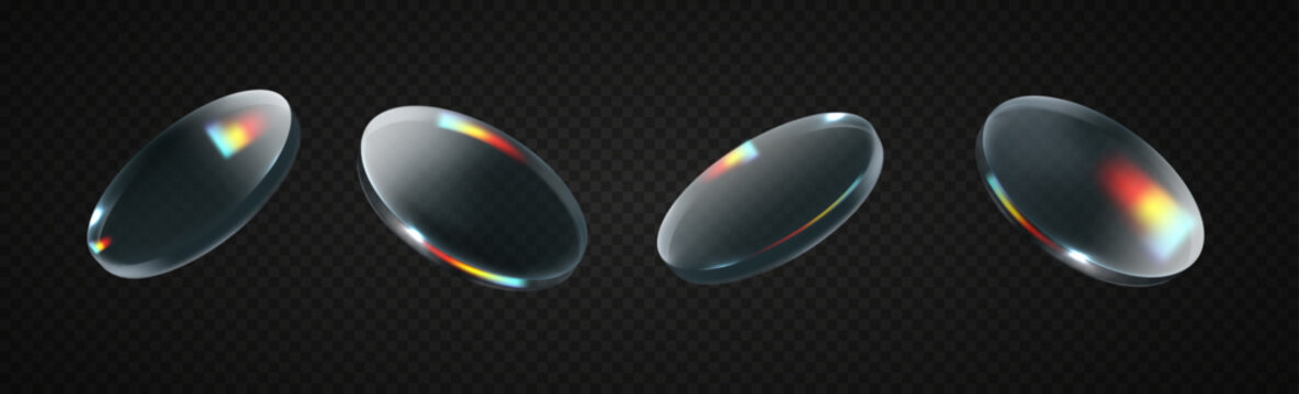 Glass circle plates collection with glossy reflective surfaces. Transparent 3D lens shapes for modern UI, tech mockups and minimalistic visual design.