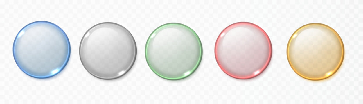 Color 3D glass circle badge with vivid reflections. Transparent glossy lens disc for abstract design, UI elements or futuristic visuals.