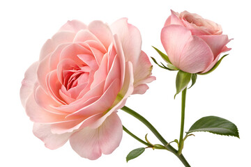Soft pink rose and bud on stem close up isolated on transparent background