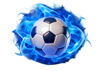 Soccer ball surrounded by blue flames on white isolated on a transparent background fire