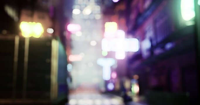 Colorful neon signs cast a glow in a narrow urban alley after dark. The atmosphere feels alive with the potential of city nightlife and hidden adventures waiting to unfold.