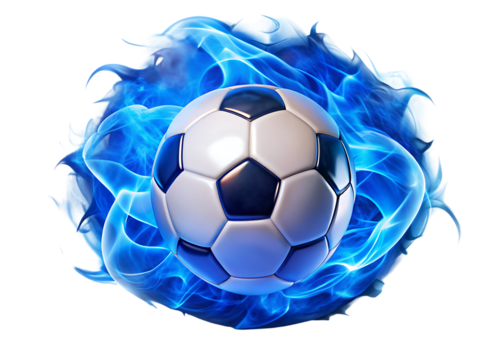 Soccer ball surrounded by blue flames on white isolated on a transparent background fire - Powered by Adobe