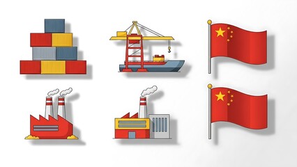 Collection of simplified illustrations depicting trade and industrial elements with national flags