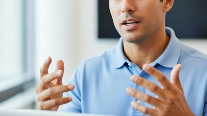 Confident male speaker shares ideas in modern space with engaged audience