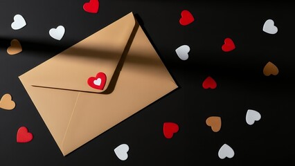 Envelope with heart sticker on black surface with scattered heart cutouts