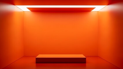 The room features a bright orange color and a square pedestal in the center