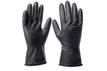 Durable black rubber gloves for heavy-duty protection and versatile cleaning tasks isolated on transparent background