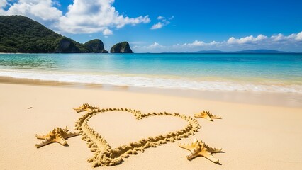 Heart shape drawn in sand with starfish on a sunny beach