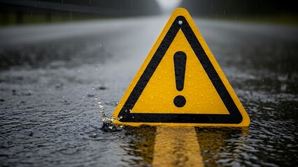 Wet warning sign on rainy road with blurred landscape in the background