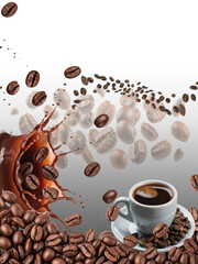 Dynamic Coffee Bean Splash with Freshly Brewed Espresso in a White Cup