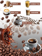 Aromatic Hot Beverages Collection: Masala Tea, Bombay Tea, Cardamom Coffee, Milk, Black, and Espresso