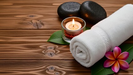 Relaxation setup with towel, candle, stones, and flower on wood table