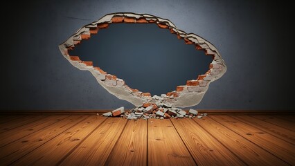 Cracked wall showing bricks and debris in a room setting