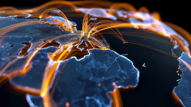 Digital map in medium shot showcasing dynamic routing of data packets within an intricate global content delivery network infrastructure highlighting speed and coverage.