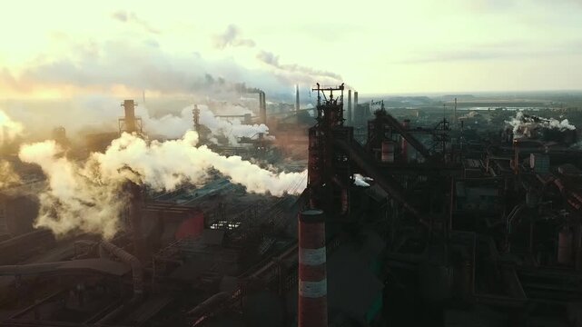 A drone flyover of a steel plant demonstrates the environmental impact and smoke from the chimneys.