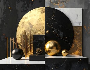 Abstract geometric composition gold sphere, marble slabs, black circle, creating a visually striking contrast