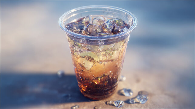 Clear plastic cup filled with ice cubes, condensation dripping on dark surface, cool refreshing drink concept, summer beverage background.
