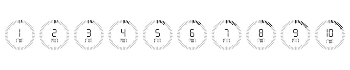 Timer icons 1, 2, 3, 4, 5, 6, 7, 8, 9, 10 minutes. Countdown timer icons. Stopwatch icons set.
