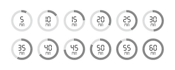 Set of circular countdown timer icons. Clock icons from 5 to 60 minutes. Stopwatch icons from 5 to 60 minutes