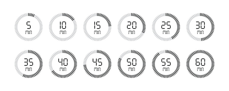 Set of circular countdown timer icons. Clock icons from 5 to 60 minutes. Stopwatch icons from 5 to 60 minutes