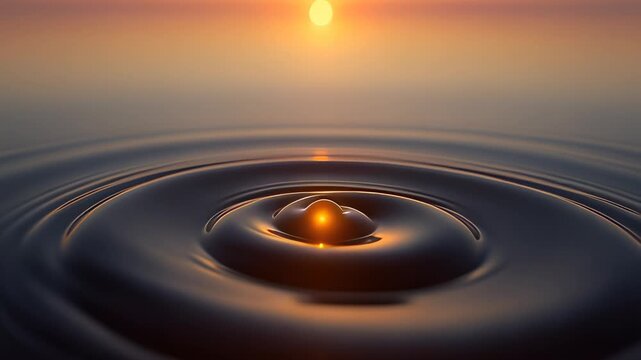 Golden liquid sphere floating on dark water with concentric ripples during sunset in a cinematic 3D animation, representing inner calm and zen meditation concepts.