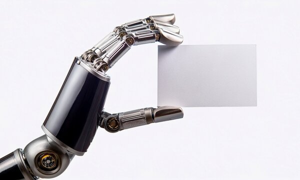 robot bionic arm holding a blank white business card isolated