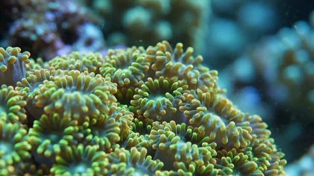Vibrant green and yellow polyps of a photosynthetic stony coral colony extending tentacles in a brightly lit saltwater marine aquarium environment.