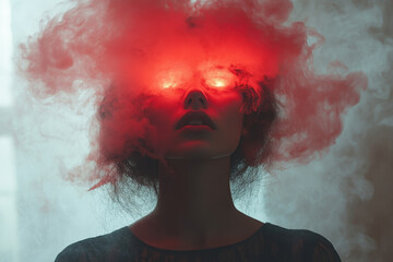 Woman with red light on head.