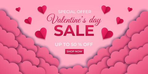 Valentine's Day vector banner in cut paper style with hearts and clouds, design for sale, discount and special offers, illustration for advertising, websites, social media.